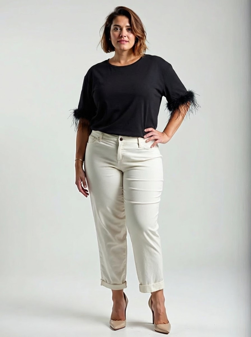 Elegancka bluzka plus size z futerkiem w rękawie