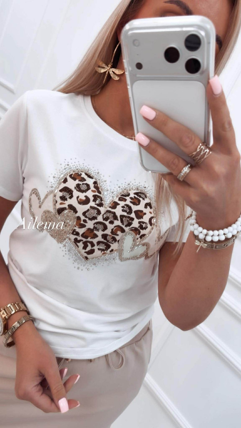 Koszulka okragły dekolt, krótki rękaw 96T3883-1 panterkowe serca