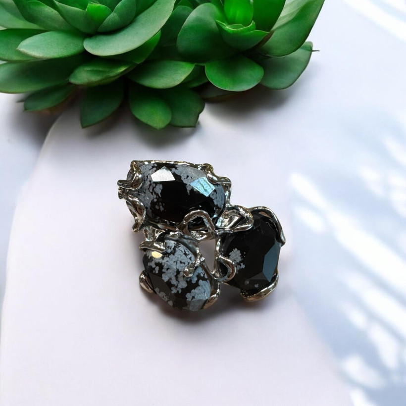 Bague obsidienne flocon de neige