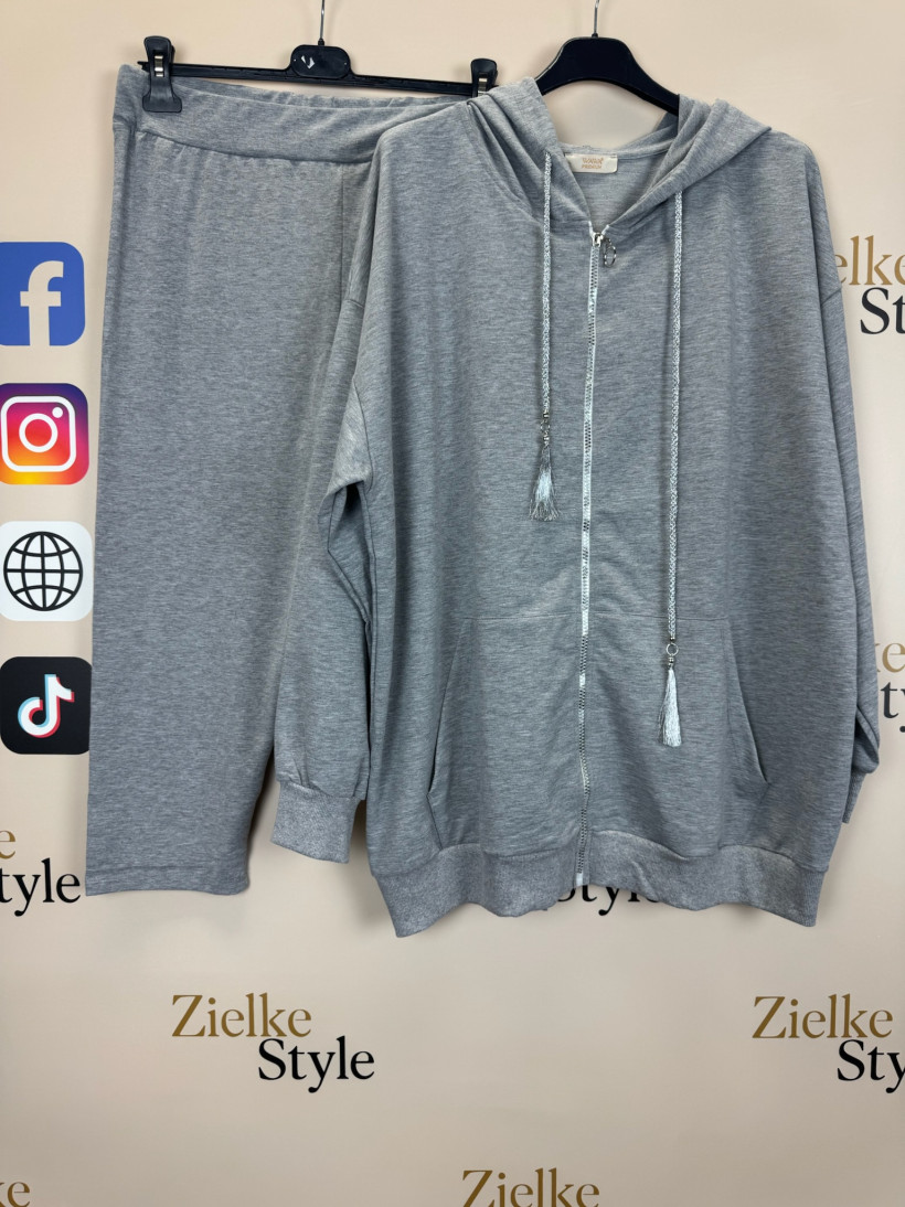 Komplet bluza na zamek z kapturem + spodenki 3/4, jednokolorowy, ww - 3687 - popiel