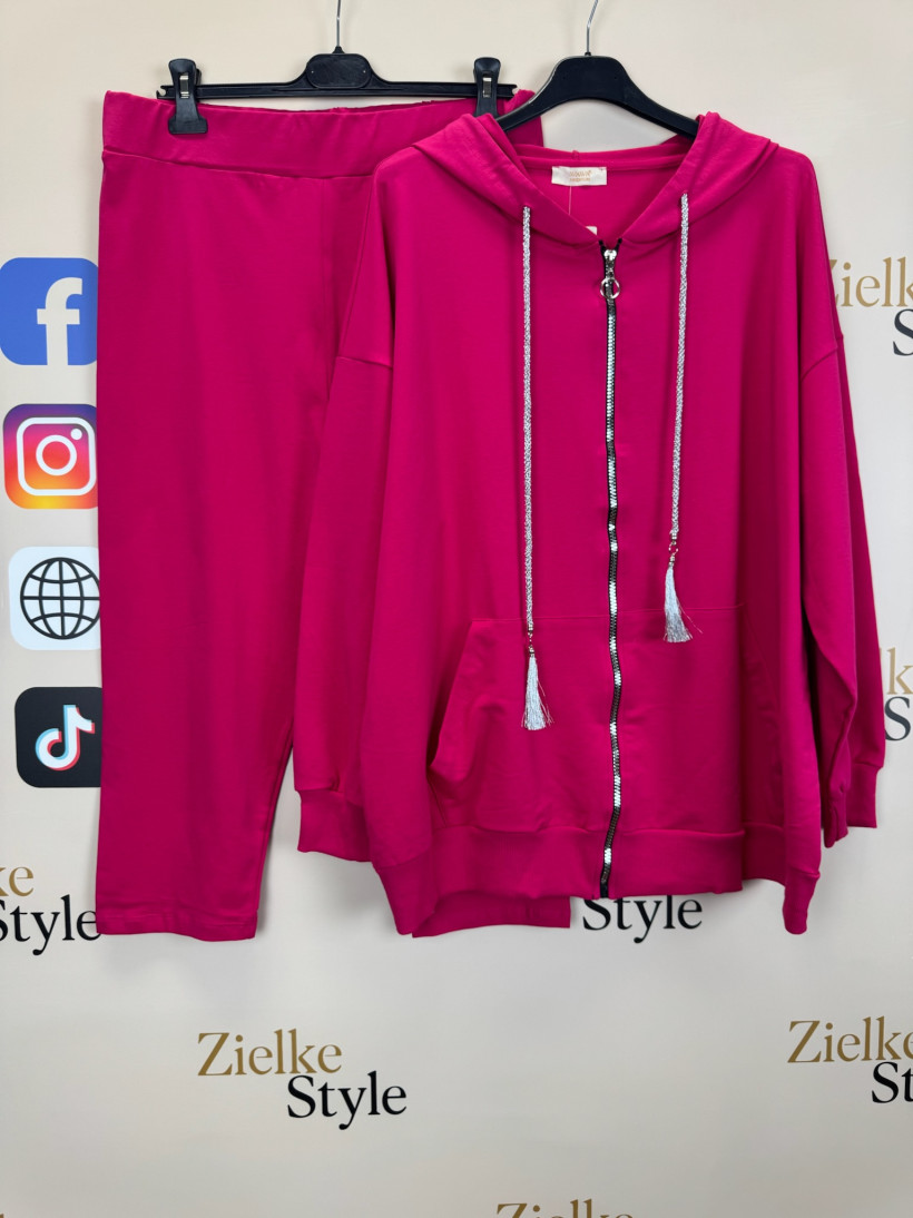 Komplet bluza na zamek z kapturem + spodenki 3/4, jednokolorowy, ww - 3687 - fuksja