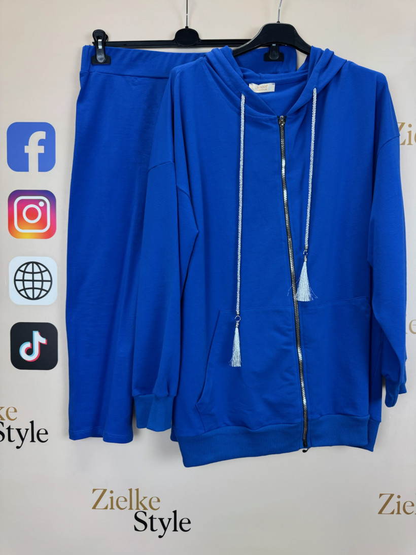 Komplet bluza na zamek z kapturem + spodenki 3/4, jednokolorowy, ww - 3687 - chaber
