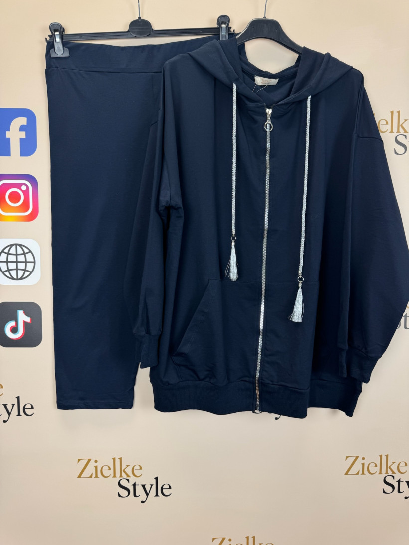 Komplet bluza na zamek z kapturem + spodenki 3/4, jednokolorowy, ww - 3687 - granat