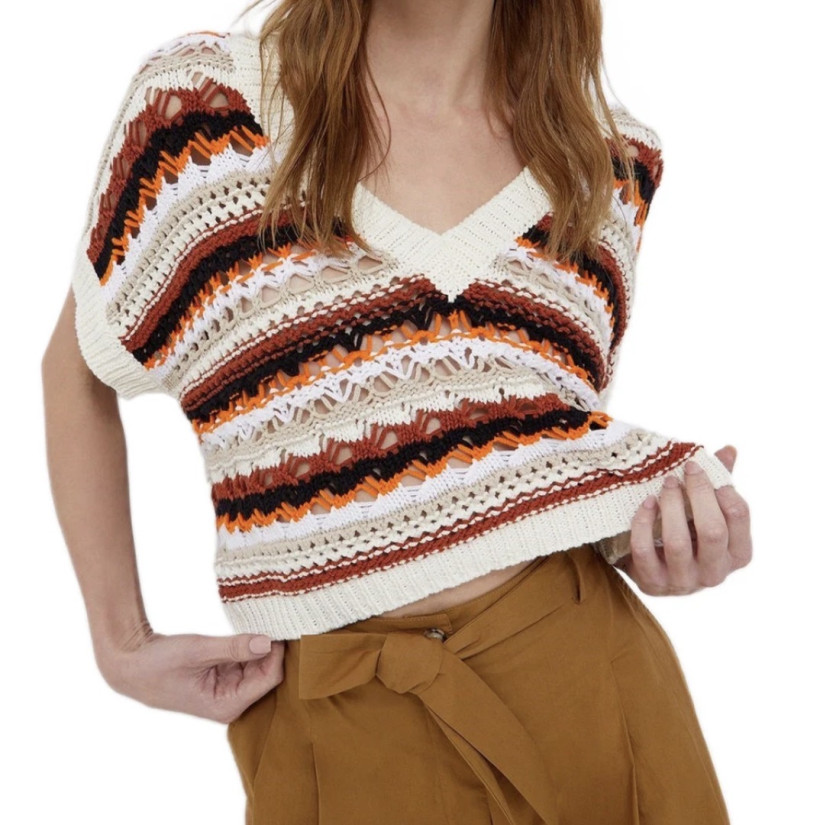 Sweter Liu Jo WA2404 MA45M krótki rękaw pasy pomarańczowy 