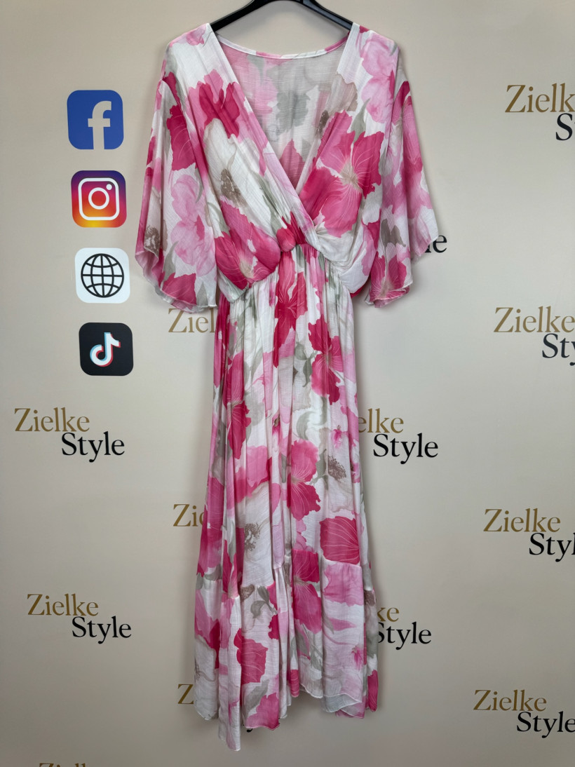 Sukienka wzorowana, kwiaty, odcinana w pasie - 661750 - różowa