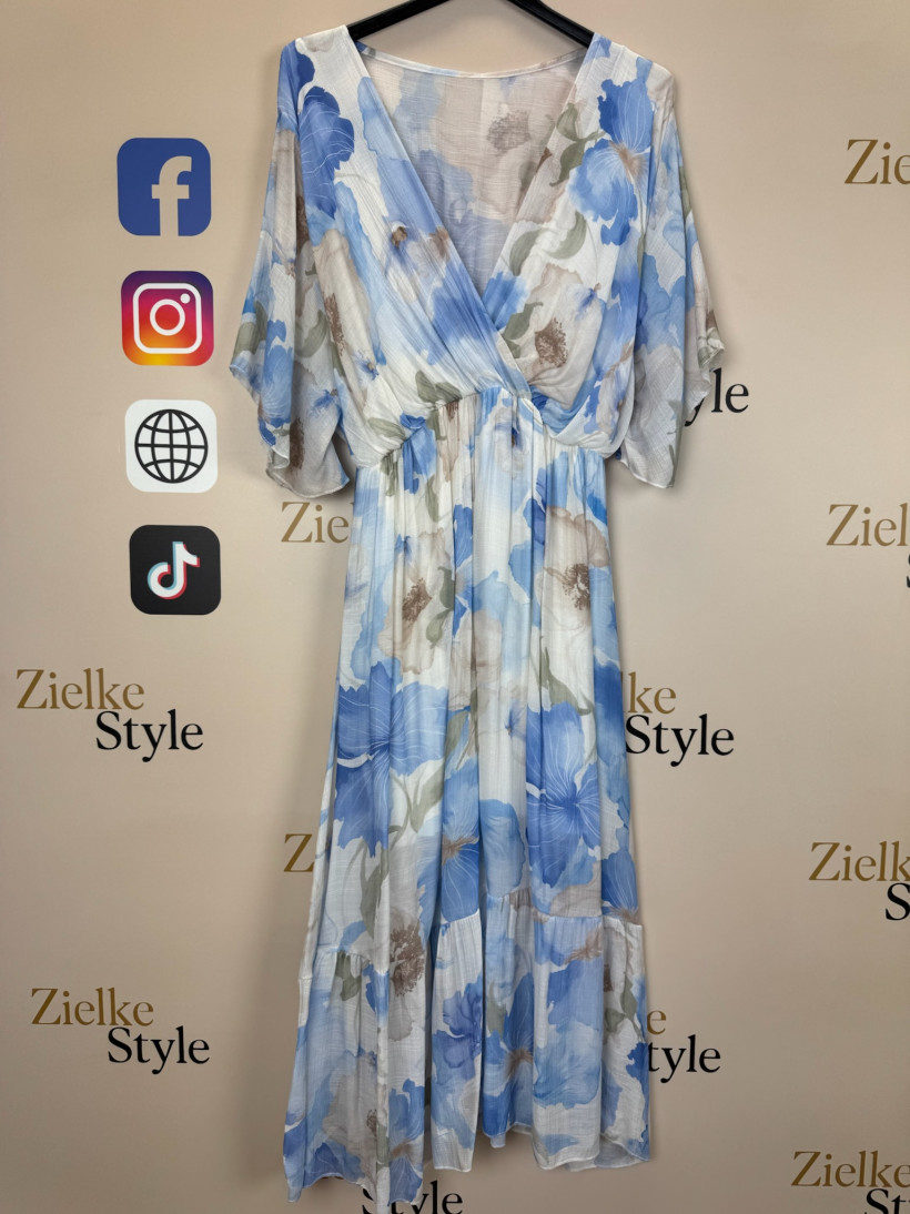 Sukienka wzorowana, kwiaty, odcinana w pasie - 661750 - błękitna