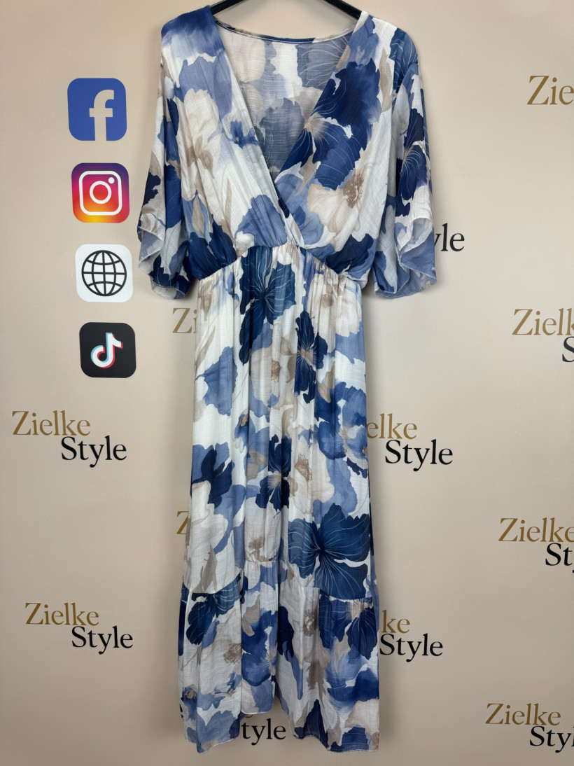 Sukienka wzorowana, kwiaty, odcinana w pasie - 661750 - granat