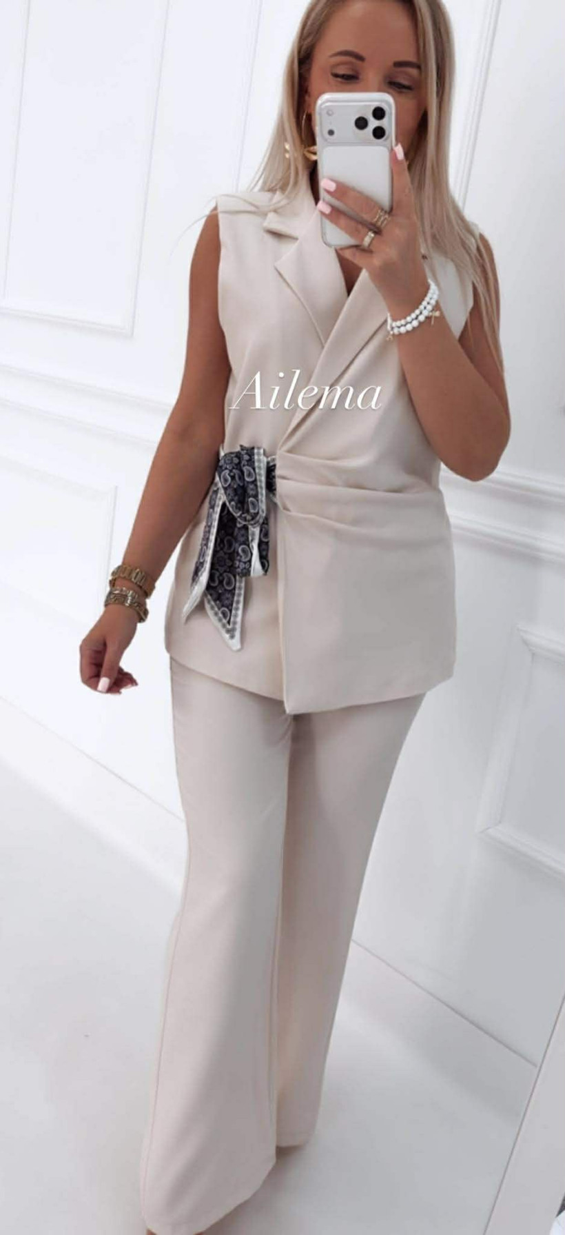 Elegancki komplet KM279 długa marynarka z ozdobnym wiązaniem i spodnie 