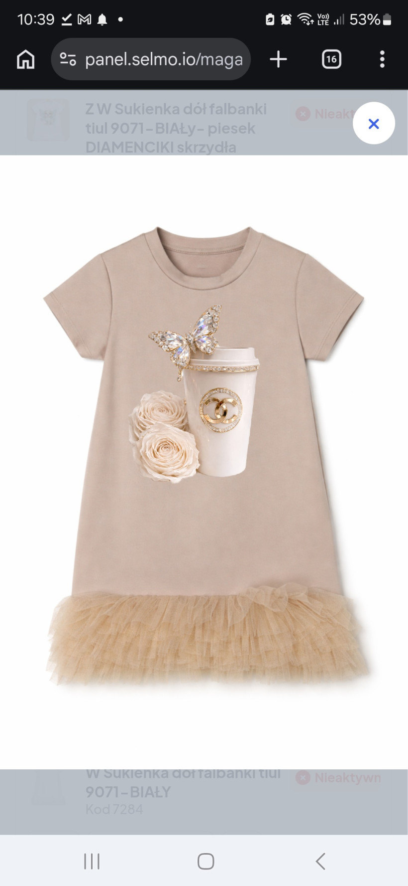 W Sukienka dół falbanki tiul 9071-BEŻ - motyl kubek róże