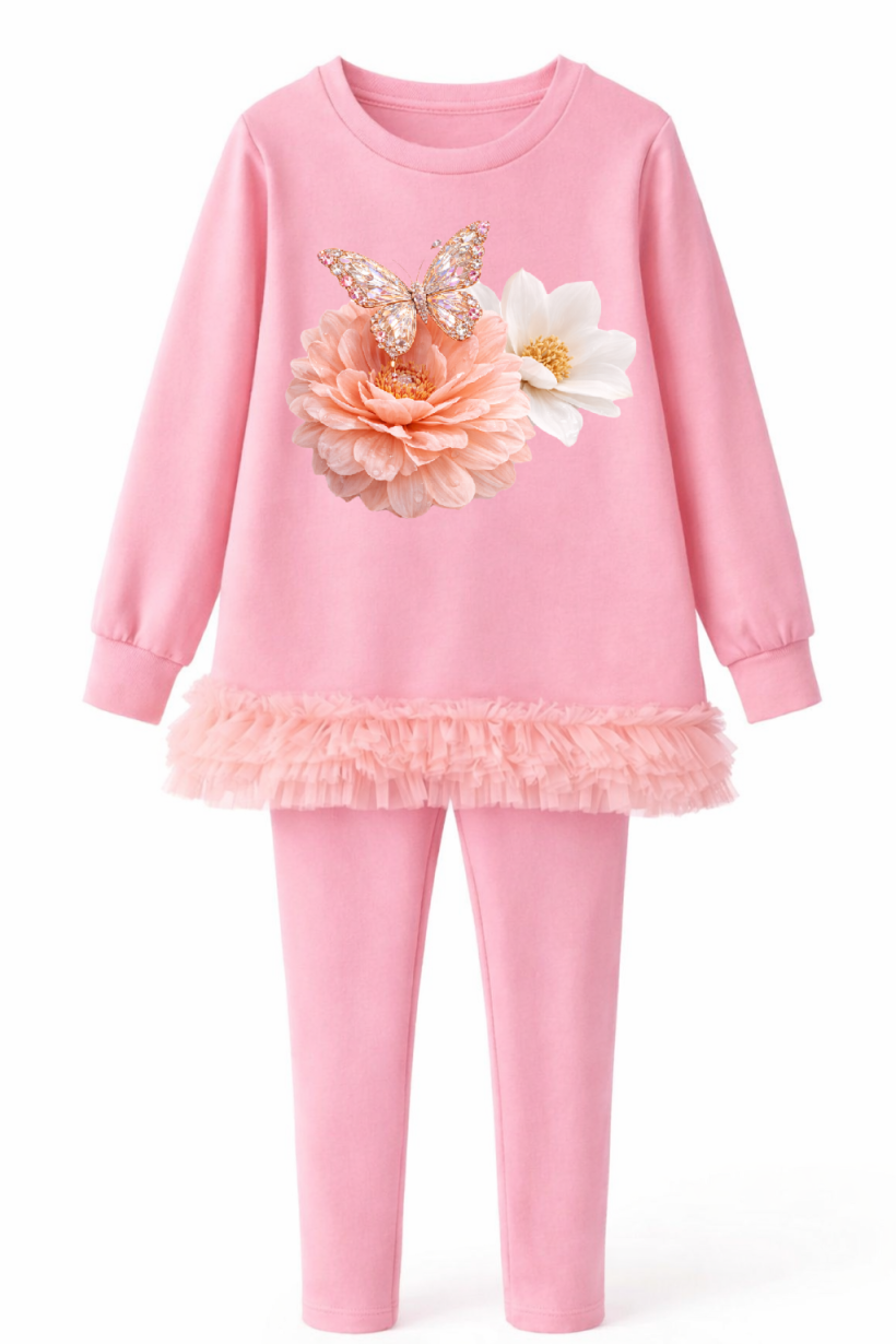 Z Komplet tunika dół falbanka tiul leginsy 4018- PUDROWY RÓŻ - motylek diamentowy na kwiatku łososiowym