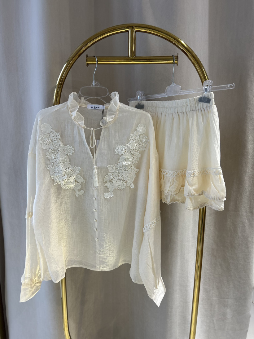 Y&M KOMPLET KOSZULA SPODENKI BOHO HAFT BEŻ