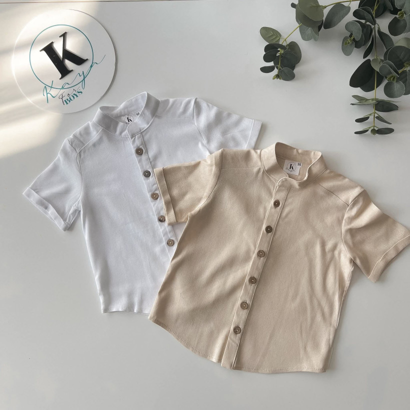 KOSZULA STÓJKA BEŻOWA LEN+WISKOZA KRÓTKI RĘKAW KAYA