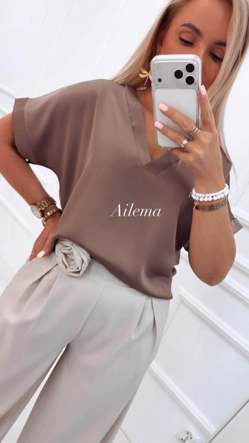 WYPRZEDAŻ Koszula satynowa krótki rękaw KS209 dekolt V