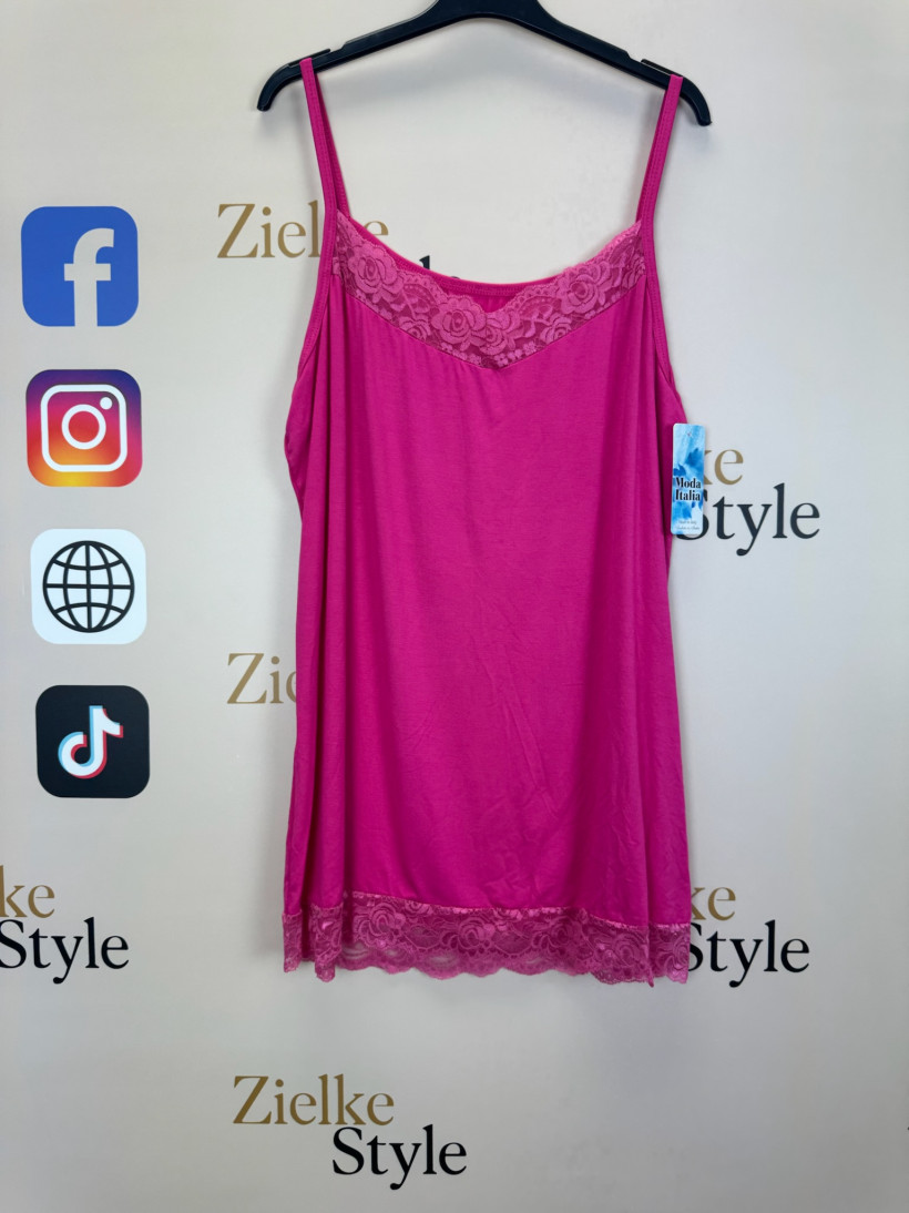 Italia nr 10 - bluzka / koszulka  jednokolorowa z koronką - cienkie ramiączka - 15156 - fuksja