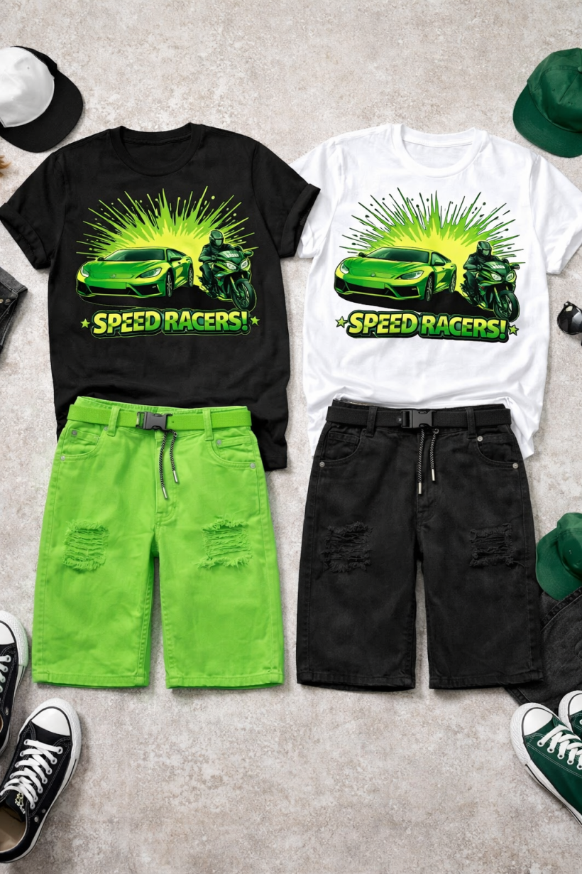 ZA T-shirt BIAŁY - samochod i motocykl neon zielony