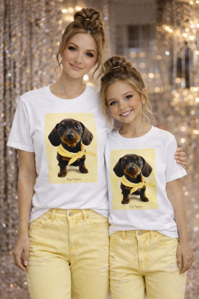 T-shirt biały jamnik żółty panel