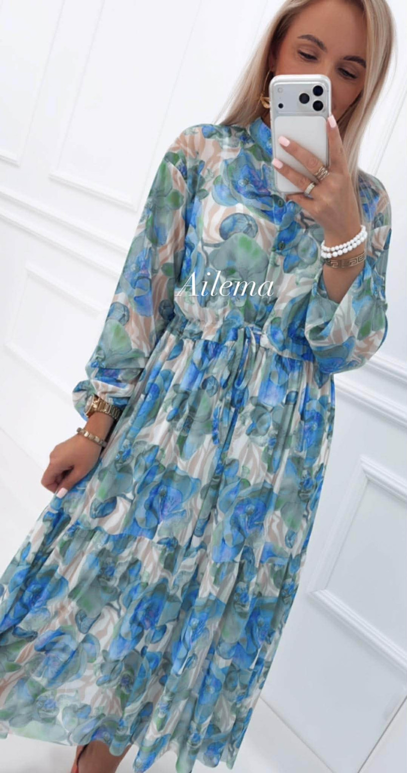 Sukienka maxi Manilla SK27 siatka turkusowe kwiaty 