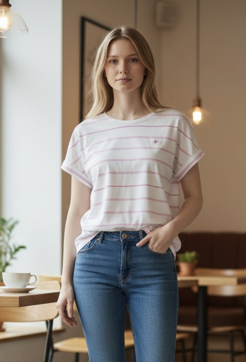 T-shirt prążek z wyszywaną stokrotką MOKO