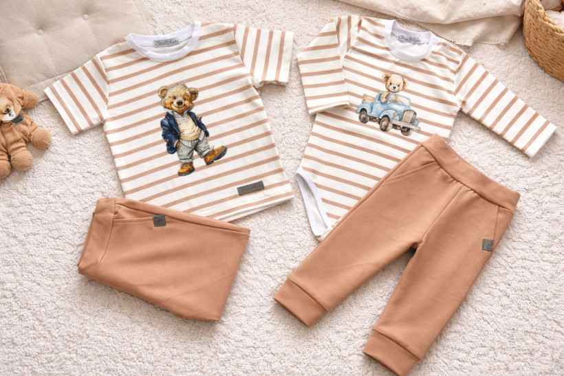 KOMPLET BEŻOWY T-SHIRT MIŚ NA PASKACH + SPODNIE DRES STAR KIDS