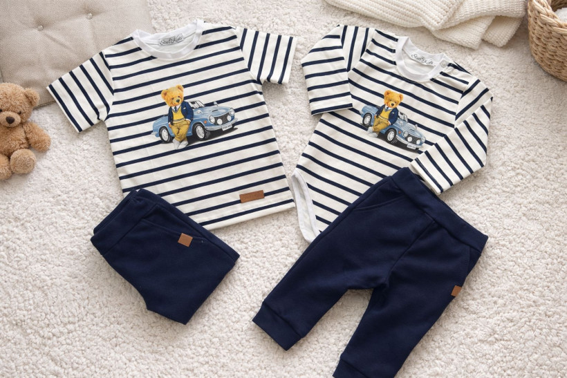 KOMPLET GRANATOWY T-SHIRT MIŚ NA PASKACH + SPODNIE DRES STAR KIDS