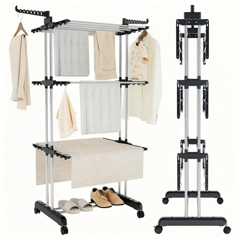 Suszarka wieszak na pranie XXL składana 4-poziomowa z kółkami do 40 kg czarno srebrna