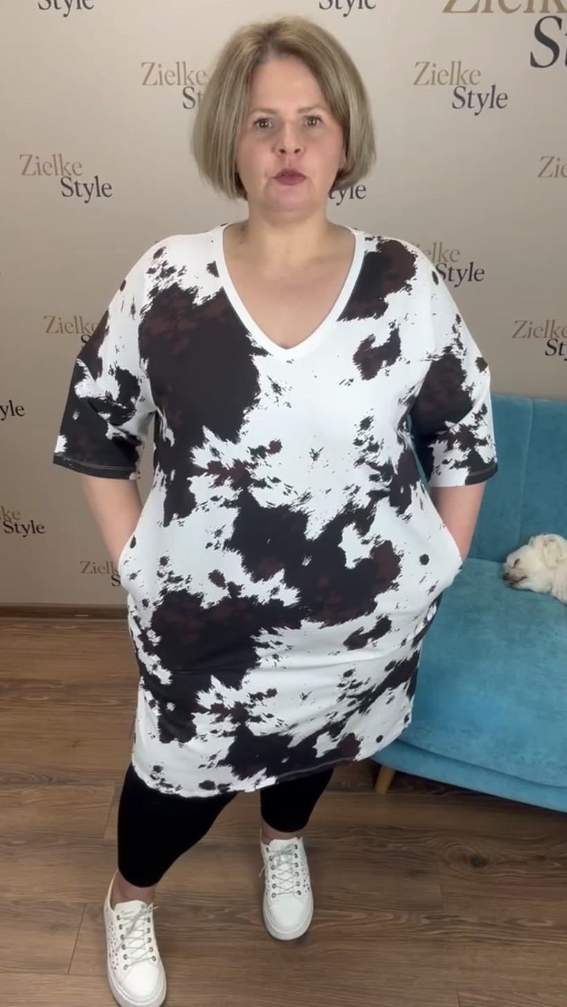 Tunika/Sukienka w serek wzorzysta, ww - 3523 - biała z czekoladą