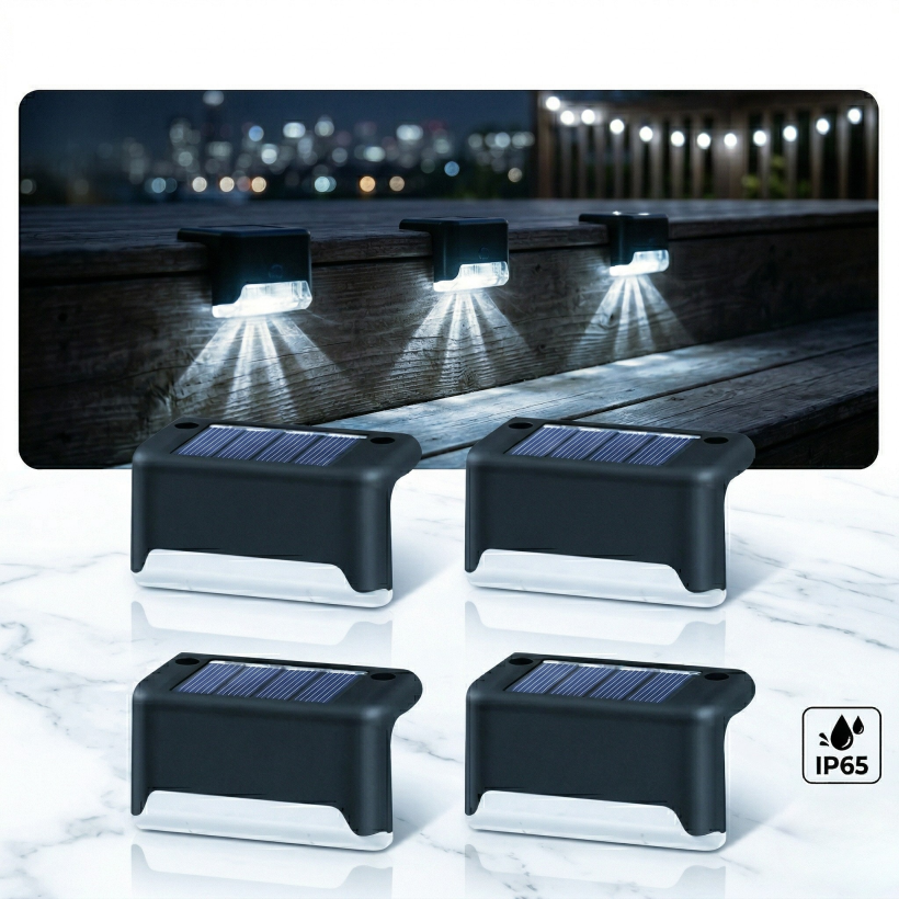 Lampki solarne na schody LED 4 szt. – zewnętrzne oświetlenie tarasu, schodów i ogrodu, wodoodporne zimna biel