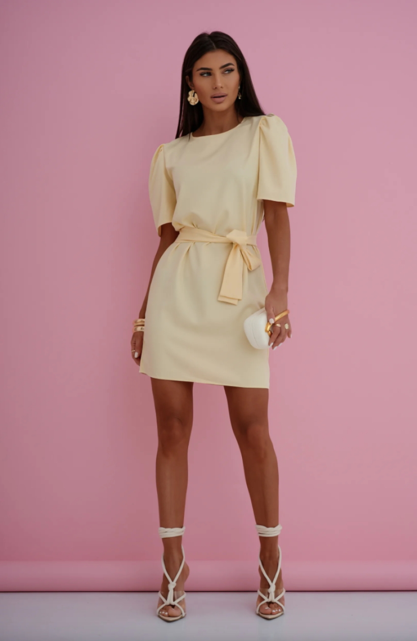 Sukienka gładka Moon 0120 bufiasty rękaw, z paskiem 