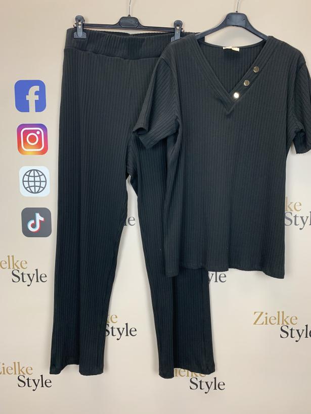 Komplet bluzka+spodnie jednokolorowy prążkowy - 190 - czarny