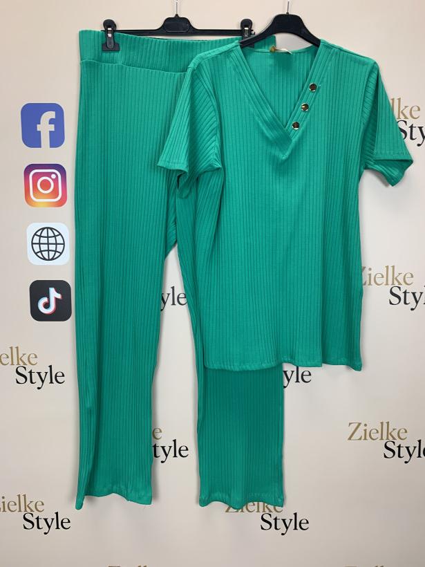 Komplet bluzka+spodnie jednokolorowy prążkowy - 190 - zielony