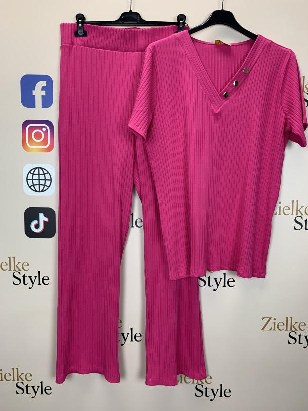 Komplet bluzka+spodnie jednokolorowy prążkowy - 190 - fuksja
