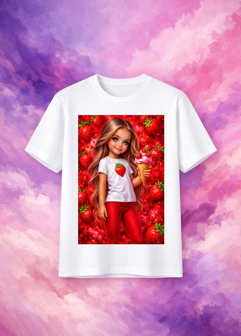 ZA T-shirt BIAŁY - truskawkowy ekran dziewczynka z truskawką