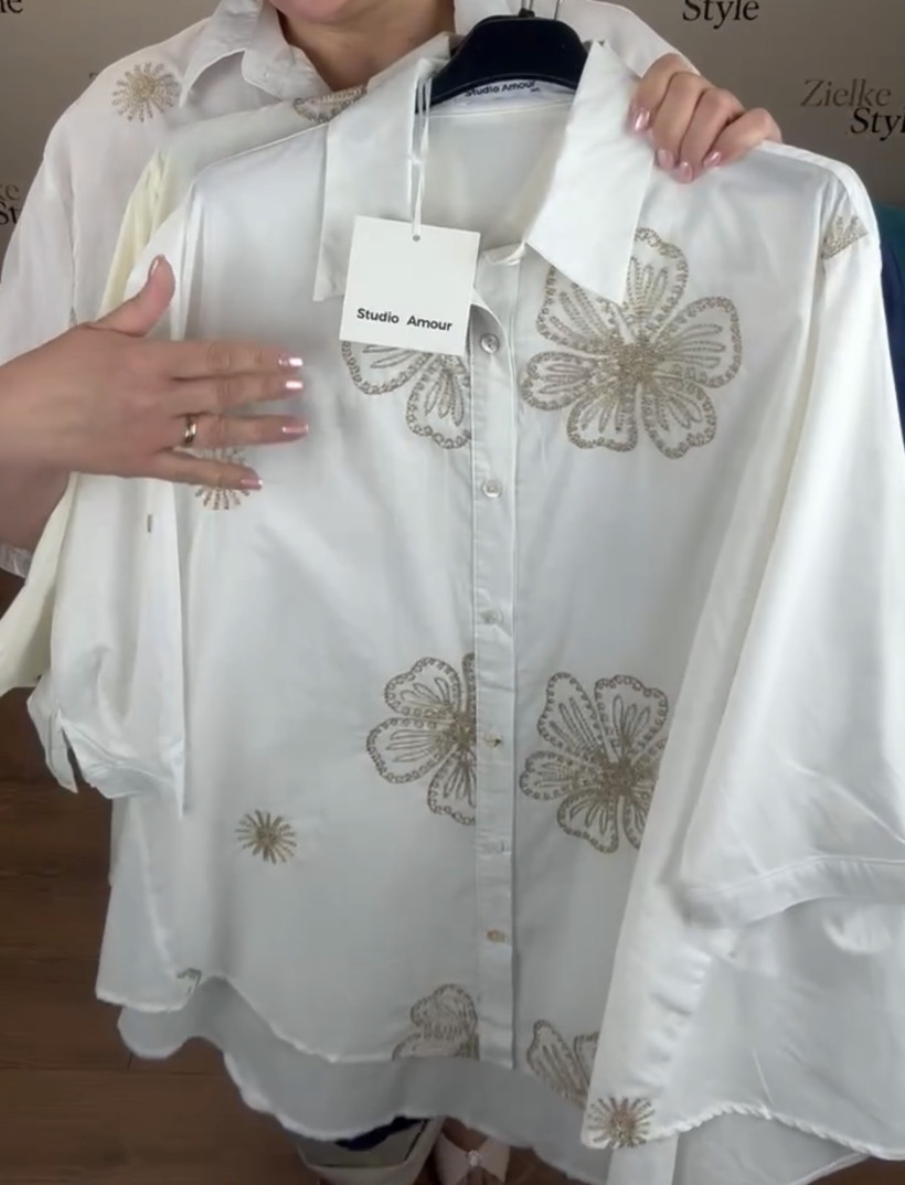 Koszula jednokolorowa - wyszywane złote kwiaty - l/xl - Studio Amour 8973 - biała