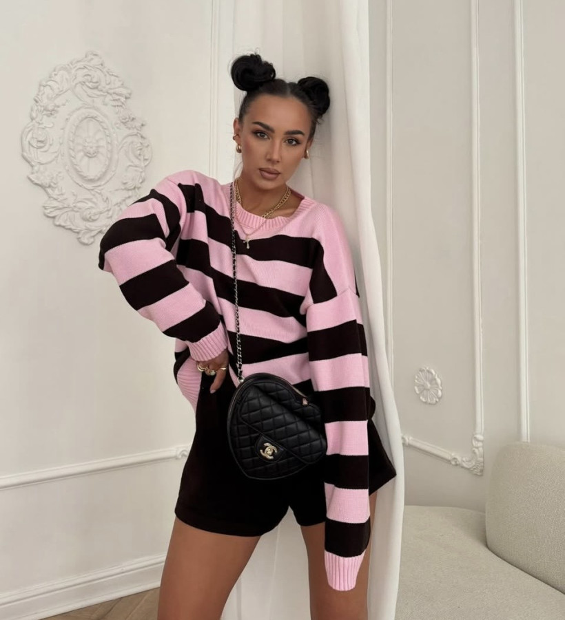 LA MILLA KOMPLET SWETERKOWY PASKI CZEKOLADOWO RÓŻOWY