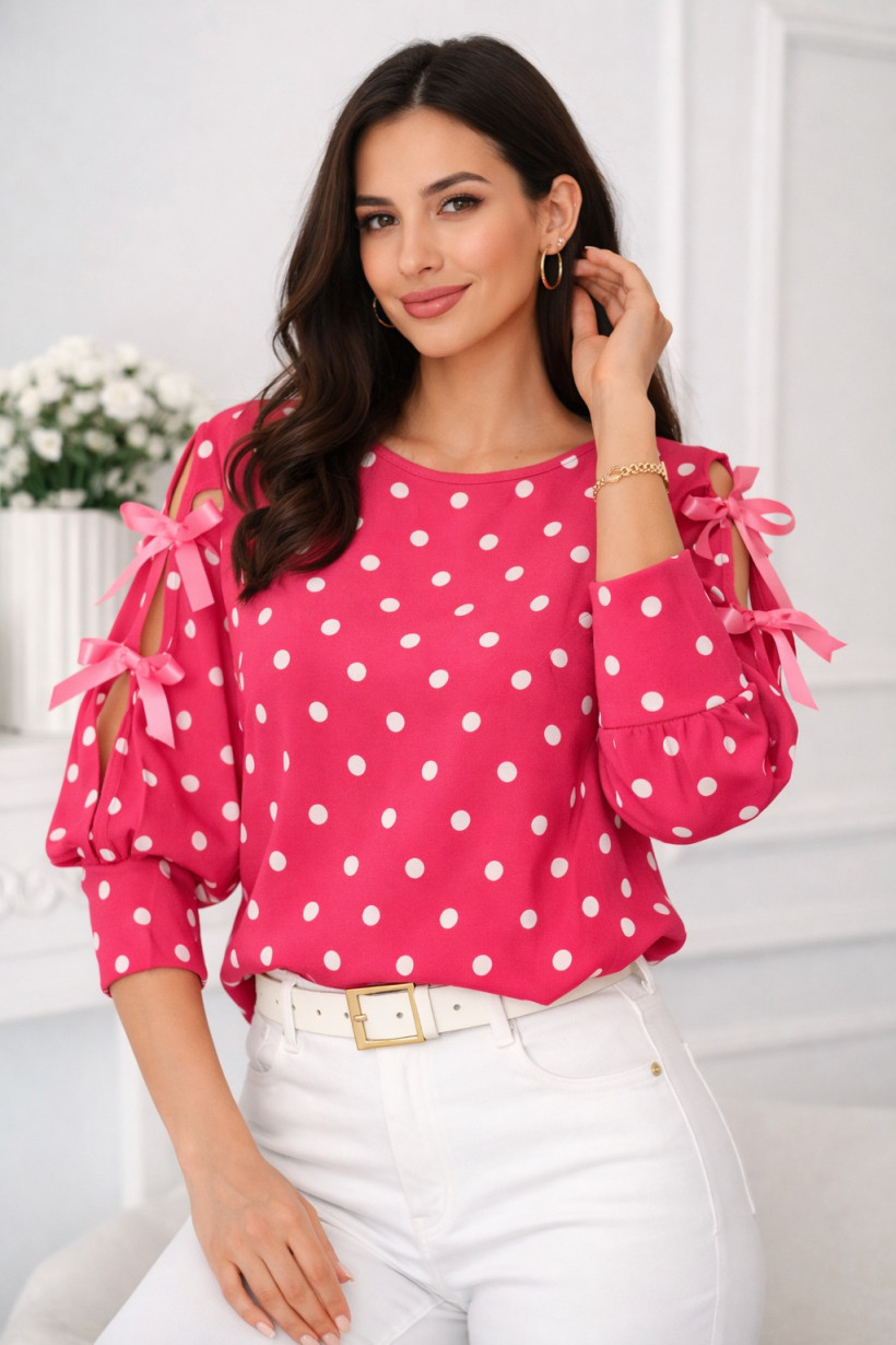Bluzka groszki różowa z wstążkami 