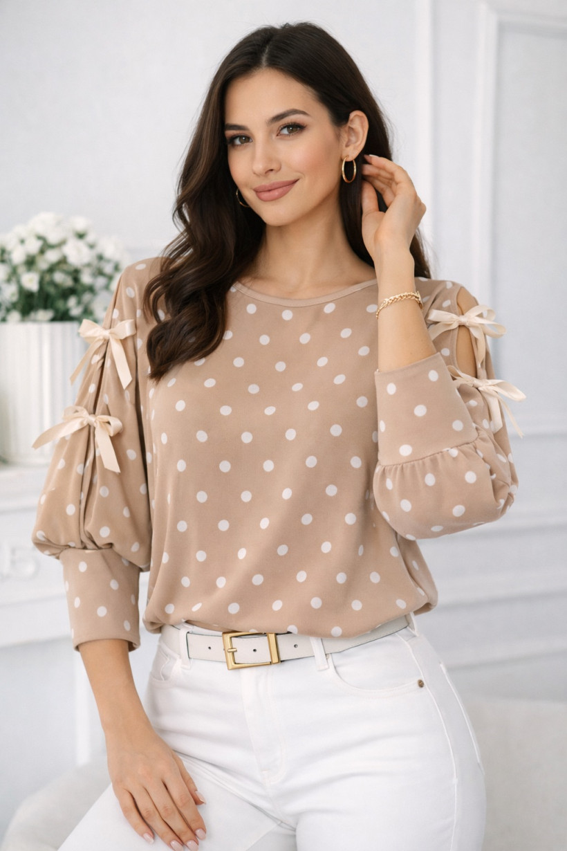 Bluzka groszki beżowa  z wstążkami 
