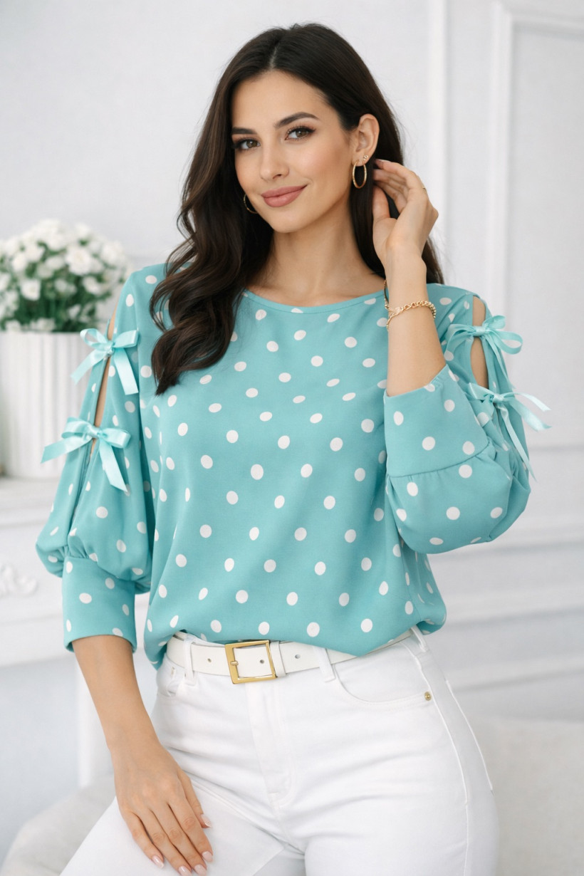 Bluzka groszki seledynowa  z wstążkami 
