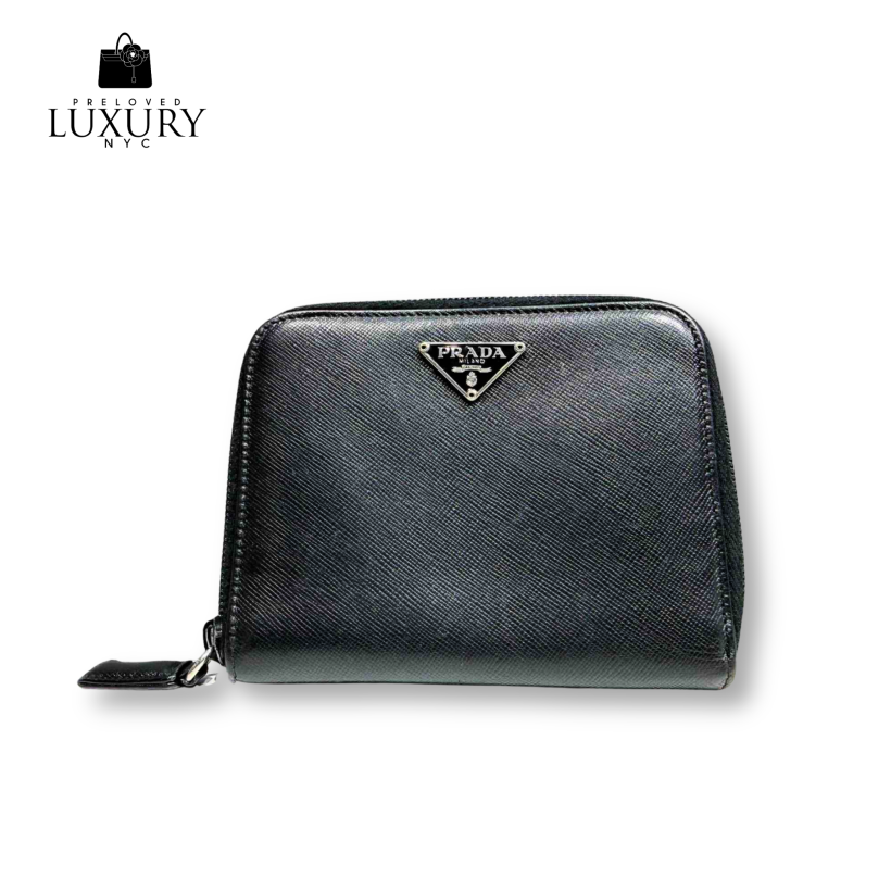 PRADA Black Saffiano Leather Compact Zip Around Wallet Zippy Coin