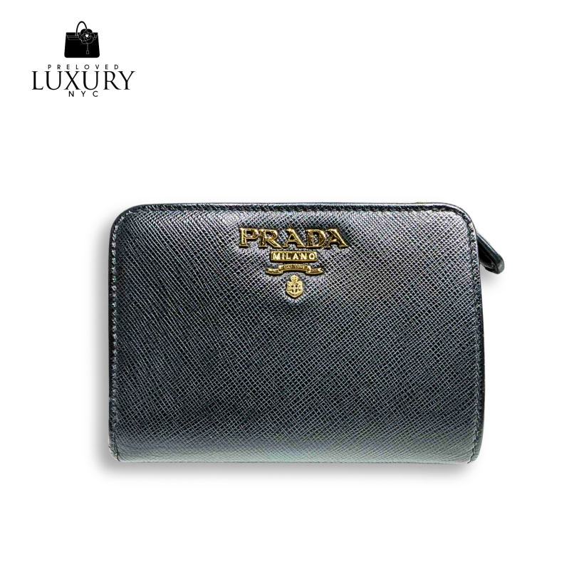 PRADA Nero (Black) Saffiano Leather Compact Zip Around Wallet
