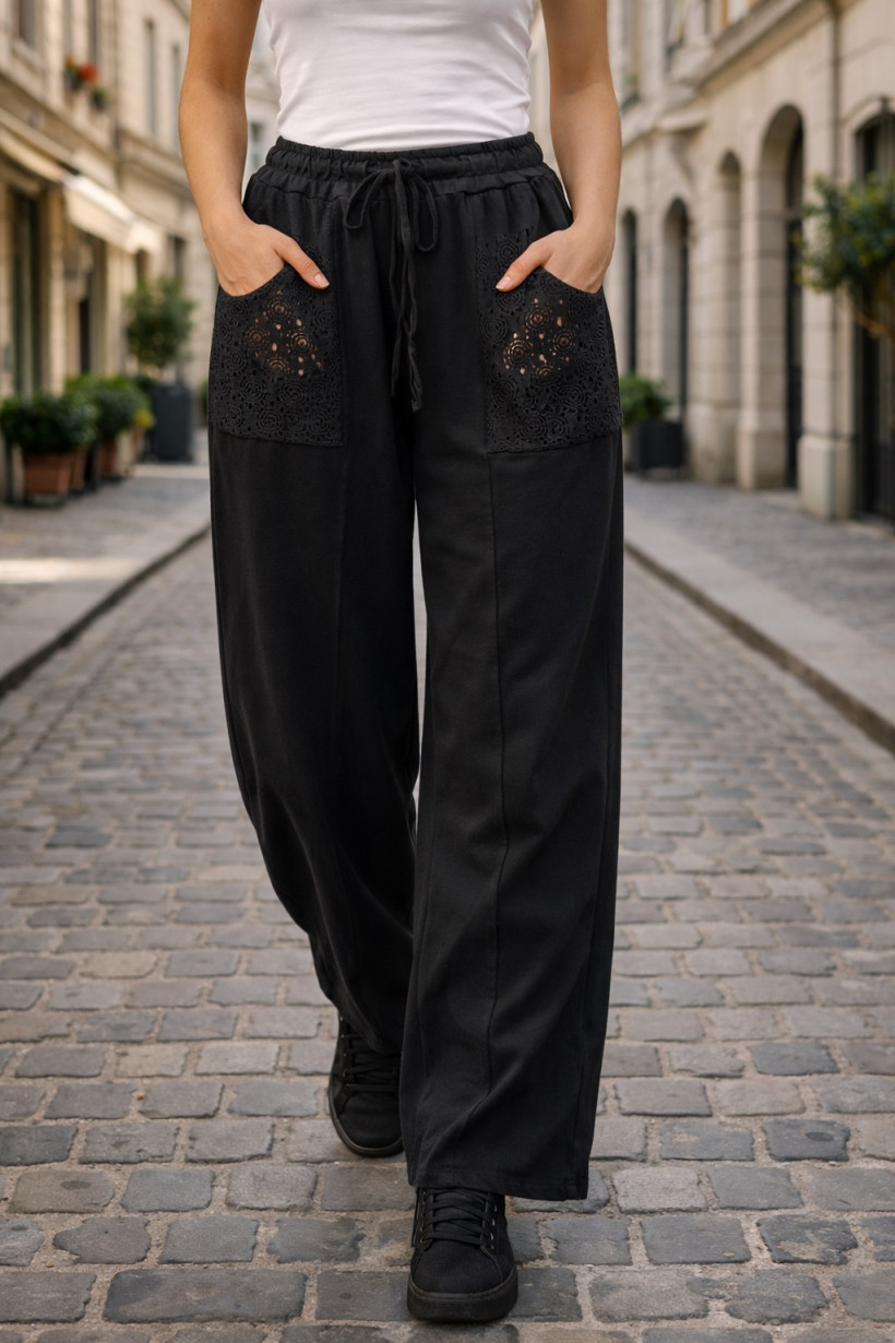 Spodnie z koronkowymi kieszeniami czarne