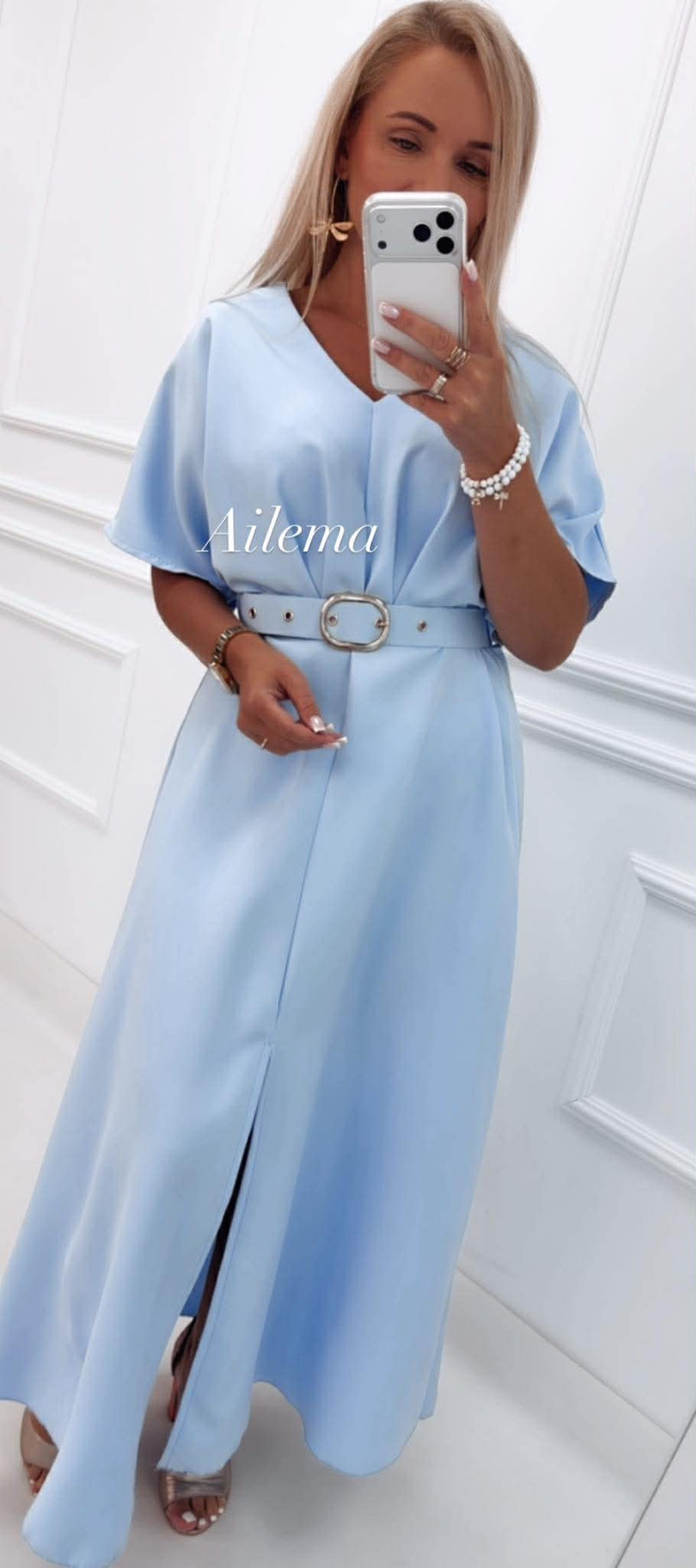 Sukienka krótki rękaw dekolt V SK79 pasek 