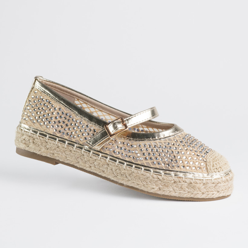 WYPRZEDAŻ Espadryle damskie skóra GOODIN GD-FL6118 cyrkonie siatka lekkie złote