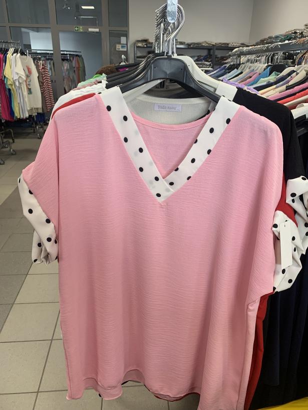 Bluzka jednokolorowa , lamówka w kropki- 5779-różowa