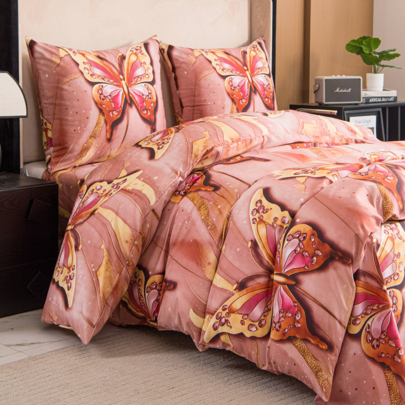 Pościel 160x200cm 3-częściowa 100% mikrofibra Różowo-Złote Motyle AML-3366