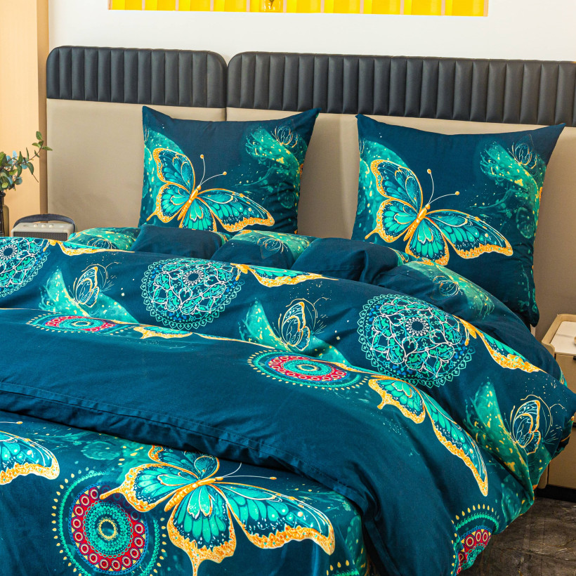 Pościel 160x200cm 3-częściowa 100% mikrofibra  Turkusowe Motyle i Mandale  AML-3367