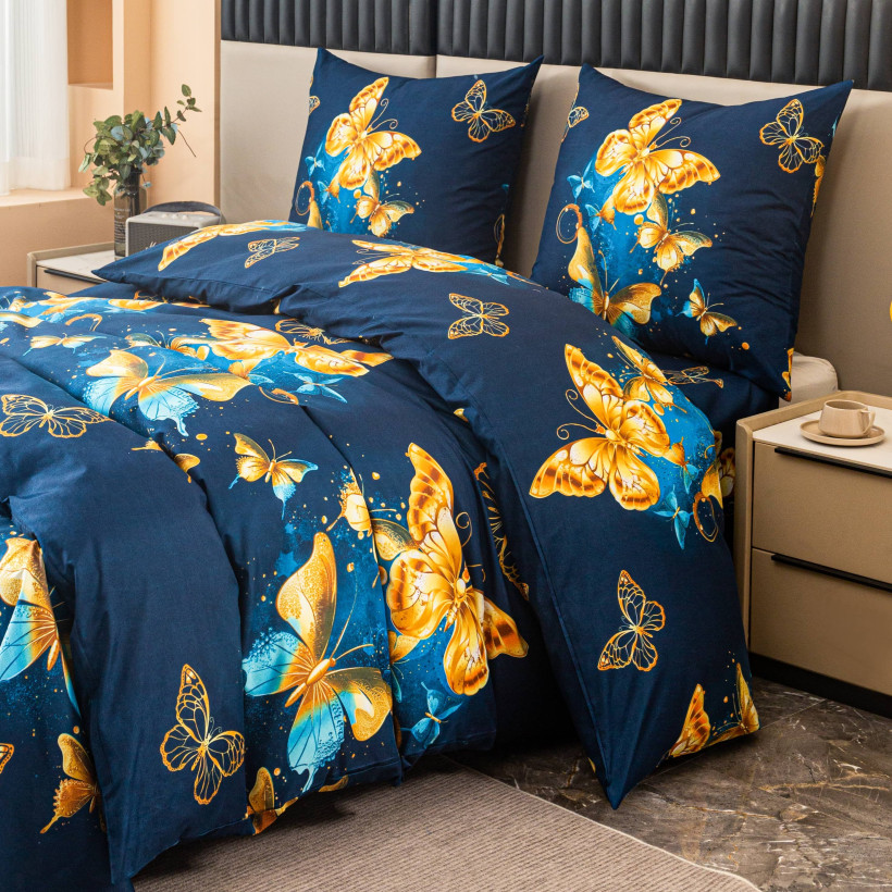 Pościel 160x200cm 3-częściowa 100% mikrofibra Złoto-Błękitne Motyle AML-3369