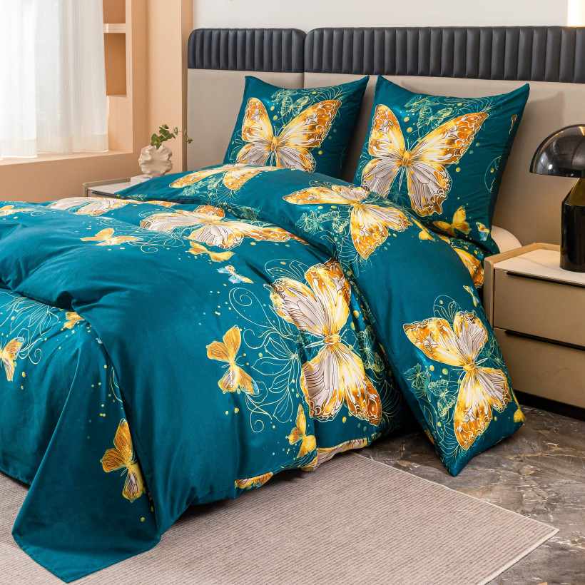 Pościel 160x200cm 3-częściowa 100% mikrofibra Złote Motyle na Szmaragdowym Tle AML-3386
