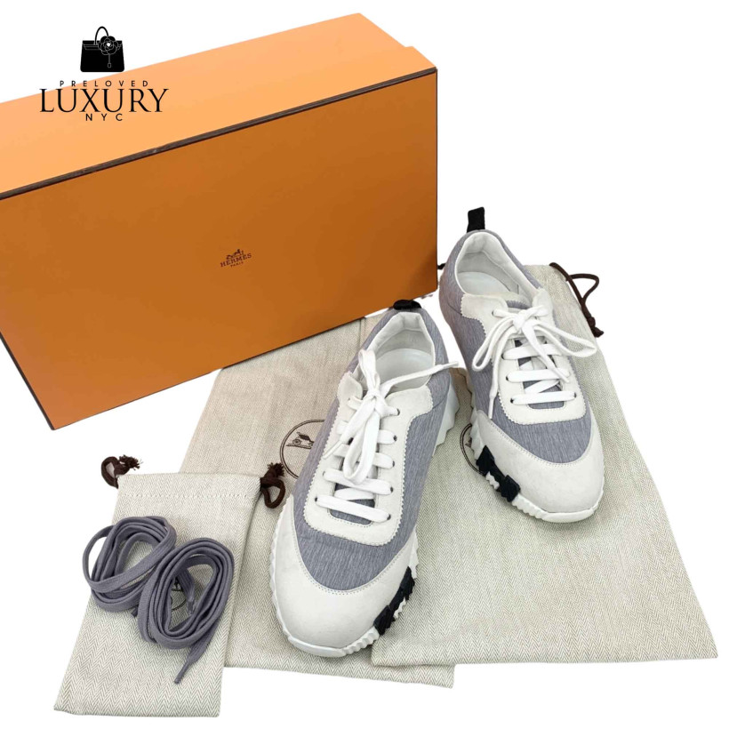 HERMES Grey/Beige Canvas Suede Bouncing Sneakers Size 38