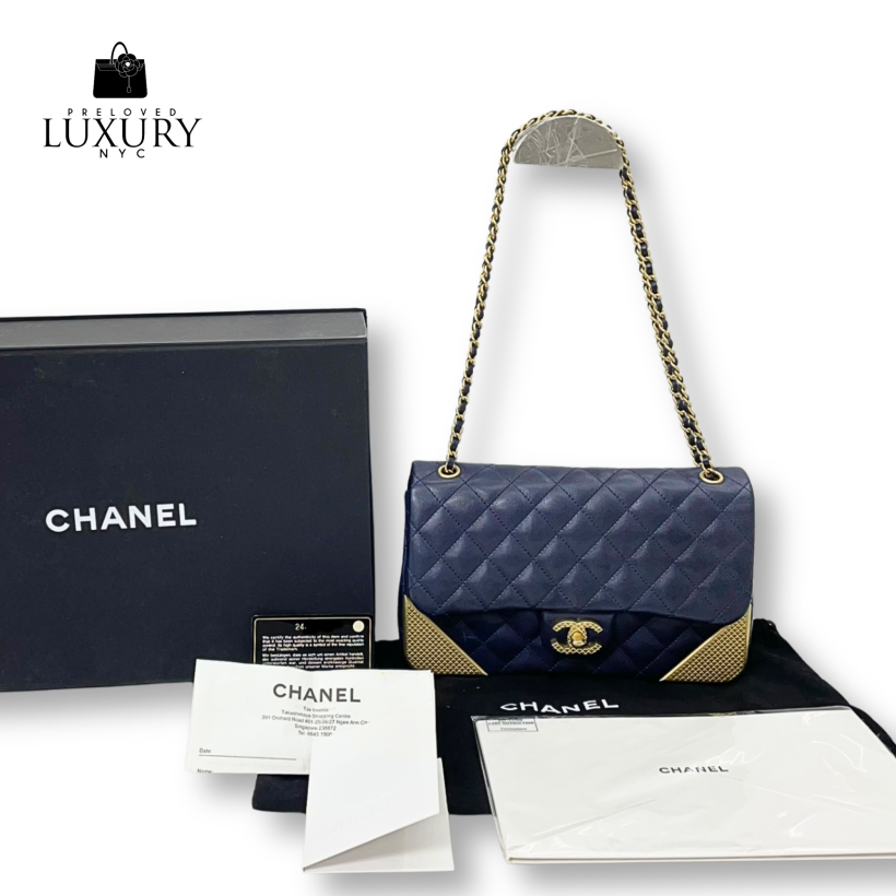 CHANEL A94495 Navy Matelasse Single Flap Rock The Corner Shoulder Bag No.24 W/Card