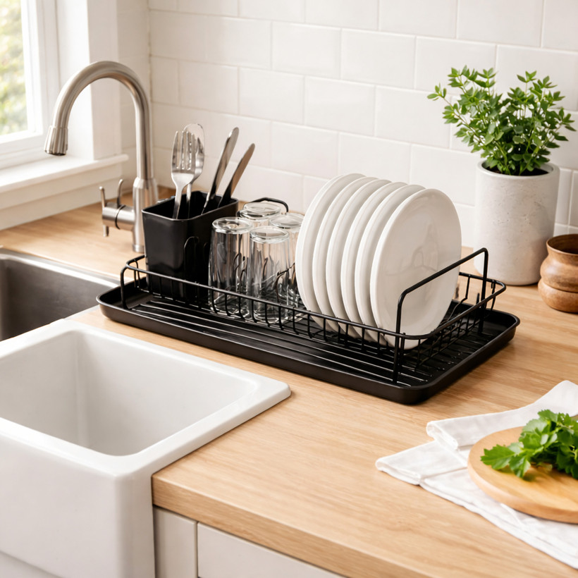 Suszarka do naczyń jednopoziomowa stojąca z ociekaczem czarna duża pojemnik